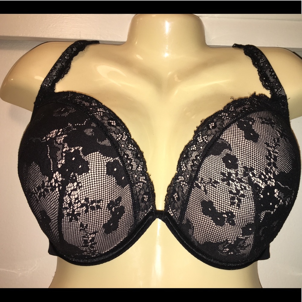 CACIQUE Black Lace & Pink Plunge Push Up Bra! 46C